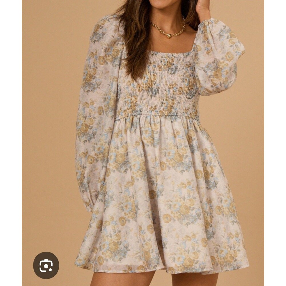 Altar'd State Dress Womens Size Small Beige Floral Long Sleeve Ruffles